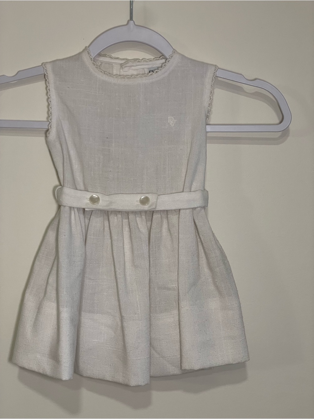 Vintage Christian Dior Enfant Linen Lace Embroidered Logo Dress 18M 2T
